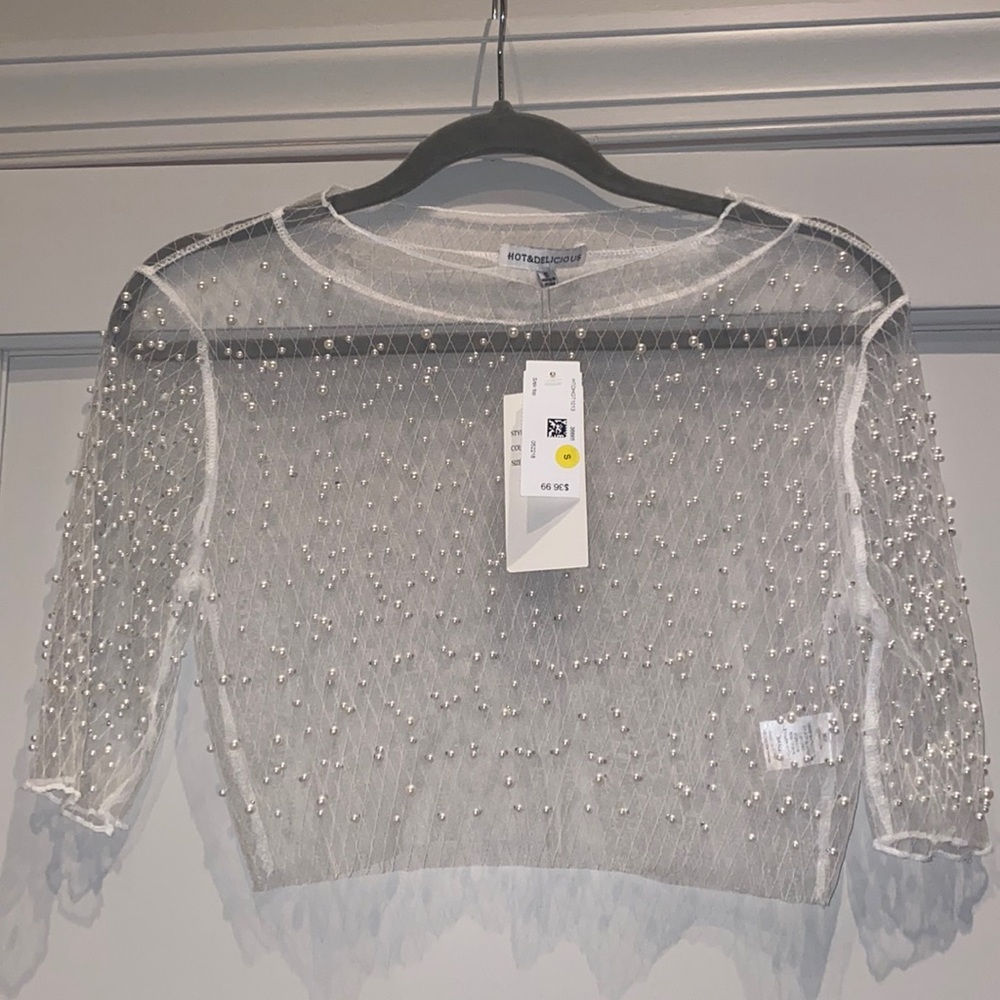 NWT Hot & Delicious White Sheer Pearl Crop Top